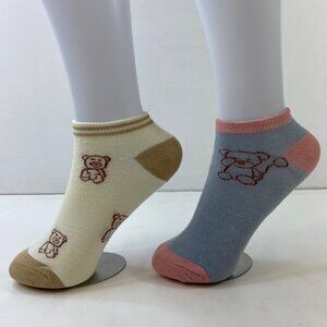 Womens Teddy Bear Ankle Socks 2-Pack Beige Blue Pink Brown Cute Printed